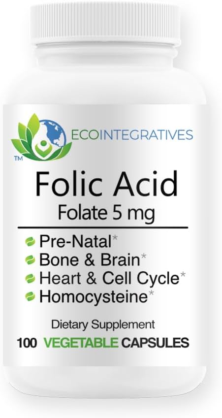 Folic Acid Folate 5mg (B9) Prenatal Reproductive Health Homocysteine Metabolism Cardiovascular Bone Immune Support Allergen Free Non GMO - 100 Vegan Capsules