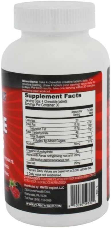 PERFORMANCE INSPIRED Nutrition Creatine Chew – 5g Creatine Monohydrate – Supports Muscle Growth &amp Recovery – Berry Blast Flavor – 120 Count