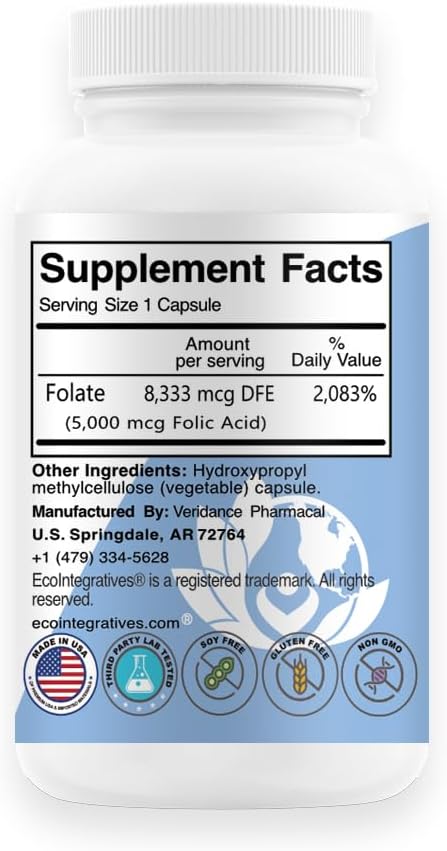 Folic Acid Folate 5mg (B9) Prenatal Reproductive Health Homocysteine Metabolism Cardiovascular Bone Immune Support Allergen Free Non GMO - 100 Vegan Capsules