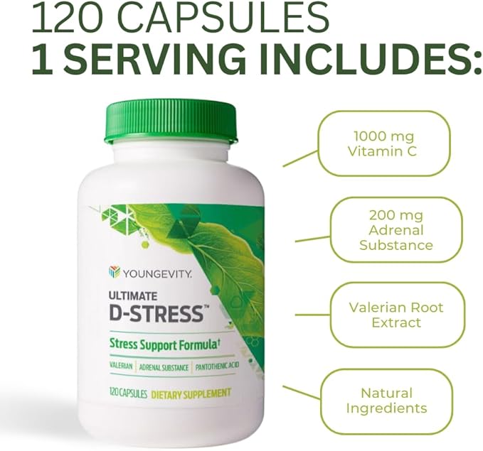 Youngevity Ultimate D-Stress™ – Natural Stress Relief Supplement with Magnesium Valerian Root Extract and B Vitamins – Supports Adrenal Health and Nervous System – 120 Capsules (Pack of 1)