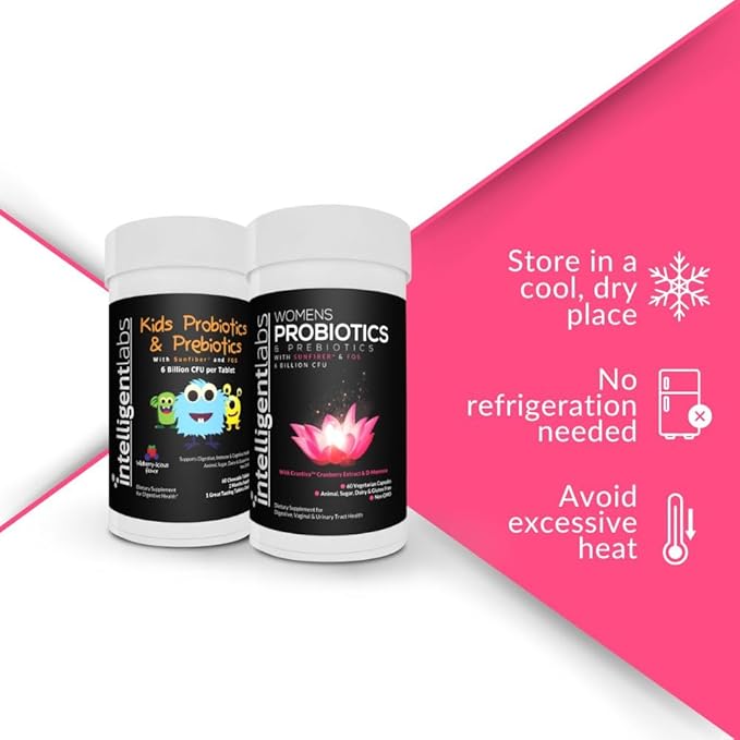 Intelligent Labs 2-in-1 Bundle of Kids’ Probiotics with Hydrolyzed Guar Gum and FOS + Women’s Probiotics (UTI Formula with Cranberry &amp D-Mannose) No Refrigeration Required 2 Months Supply Per Bo