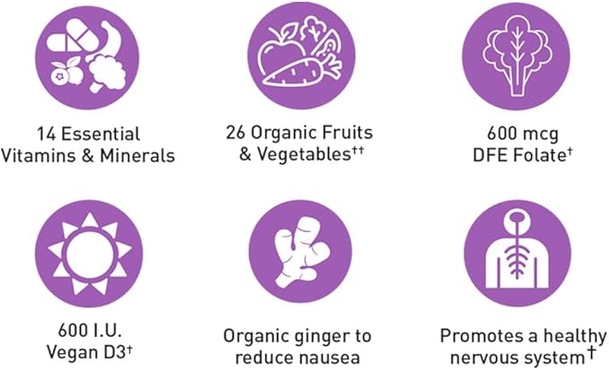 Realfood Organics Prenatal Multi - Before During &amp Post Pregnancy - Folate D3 &amp Iron to Support Healthy Fetal Growth and Development* Gentle on Stomach Gluten-Free Soy Free 90 Tablets
