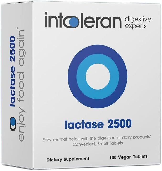 Intoleran Lactase 2500 Digestive Enzymes - 100 Tablet Dispenser | Supplement for Lactose Intolerance | Lactase Enzyme that Helps Digest Dairy &amp Lactose | Small Tablet &amp Ideal for Children | Ve