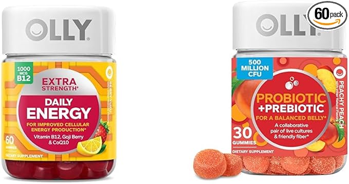 OLLY Extra Strength Daily Energy Gummy Caffeine Free 1000mcg Vitamin B12 CoQ10 Goji Berry &amp Probiotic + Prebiotic Gummy Digestive Support and Gut Health 500 Million CFUs Fiber