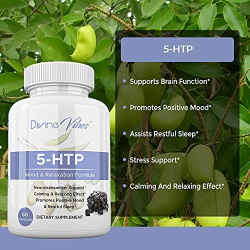 Divine Vibes 5-HTP 200mg Plus Calcium for Mood Sleep Stress Support - Boosts Serotonin Production - High Purity – 60 Capsules