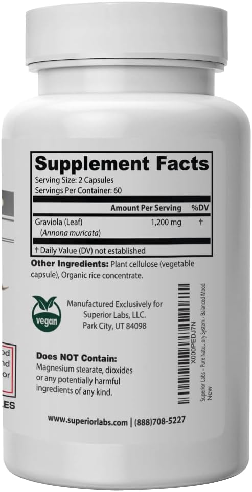 Superior Labs Graviola 1200mg Pure Natural Non-GMO Herbal Antioxidant Immune &amp Respiratory Support Promotes Healthy Skin Cell Growth &amp Balanced Mood High-Potency Extract 120 Veg Capsules