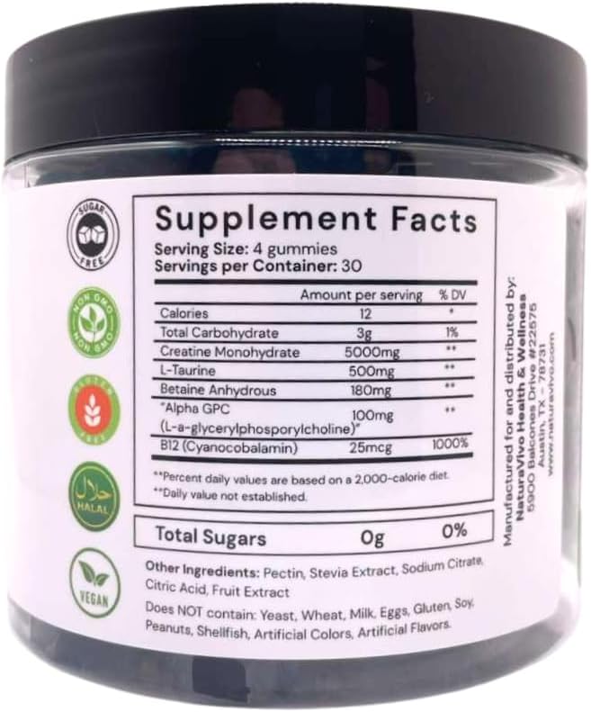 Creatine Monohydrate Gummies 5000mg | Muscle Growth Strength &amp Recovery – Vegan Sugar-Free Blueberry Flavor 120 Count | Sports Nutrition for Men &amp Women | Non-GMO Gluten-Free GMP Certifi