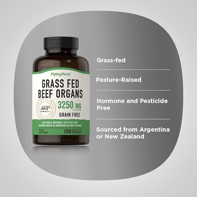 Piping Rock Grass Fed Beef Organs Supplement | 3250 mg | 200 Capsules | for Women and Men | Non-GMO Gluten Free