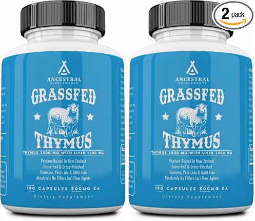 Ancestral Supplements Grass Fed Ovine (Sheep) Thymus Glandular Extract 3000mg Histamine Energy Allergy and Immune Support Supplement with Grass Fed Beef Liver Non GMO 180 Capsules (Pack of 2)