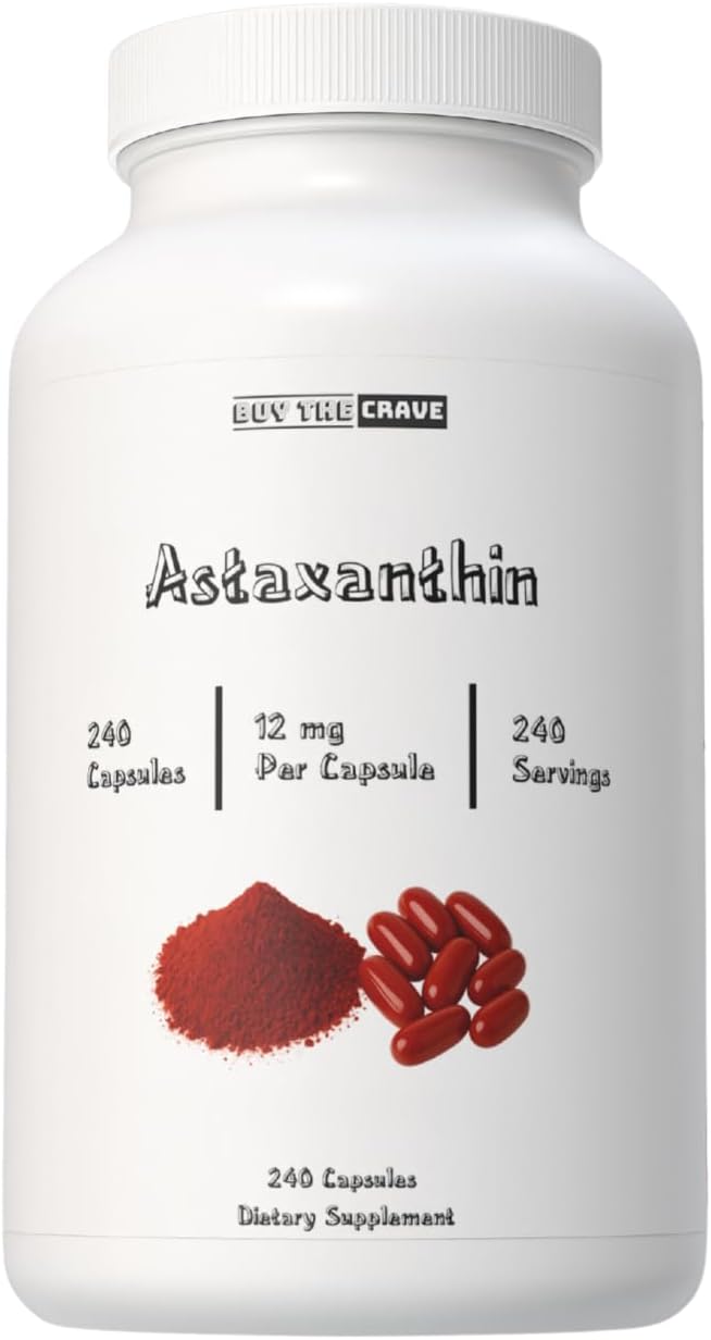 Astaxanthin 12mg Each Capsule Extra Strength - Astaxanthin Supplements Antioxidant Source - Gluten Free 240 Count 120 Servings