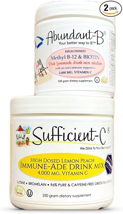 Sufficient-C 250 gram Vitamin C Immune-ade Drink Mix and Abundant-B high dose B-12 and Biotin Pink Lemonade Drink Mix Solution