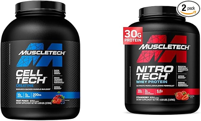 MuscleTech Cell-Tech Creatine Powder &amp Nitro-Tech Whey Protein Powder Bundle | Muscle Builder &amp Recovery Formula | 6 lbs Creatine &amp 4 lbs Whey | Strawberry Flavor