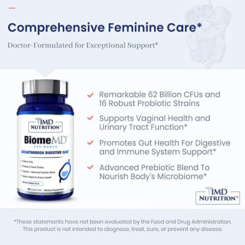 1MD Nutrition BiomeMD Probiotics for Women - Daily Prebiotics and Probiotics for Women - More Than 60 Billion CFUs 15 Strains - Womens Probiotic to Support Urinary &amp Vaginal Health - 30 Capsules
