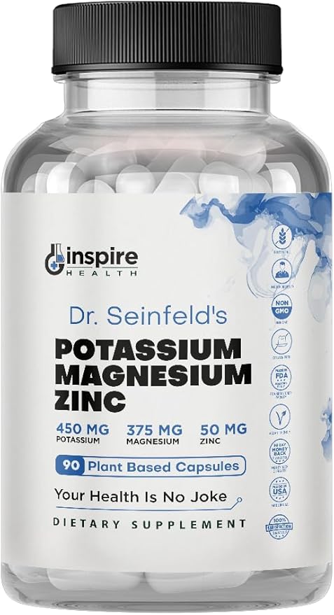 Magnesium Potassium Supplements w/Zinc - 90 Capsules - Magnesium Potassium Zinc for Vascular Health – High Absorption Vegan Supplement for Leg Cramps &amp Sleep Dr Seinfeld