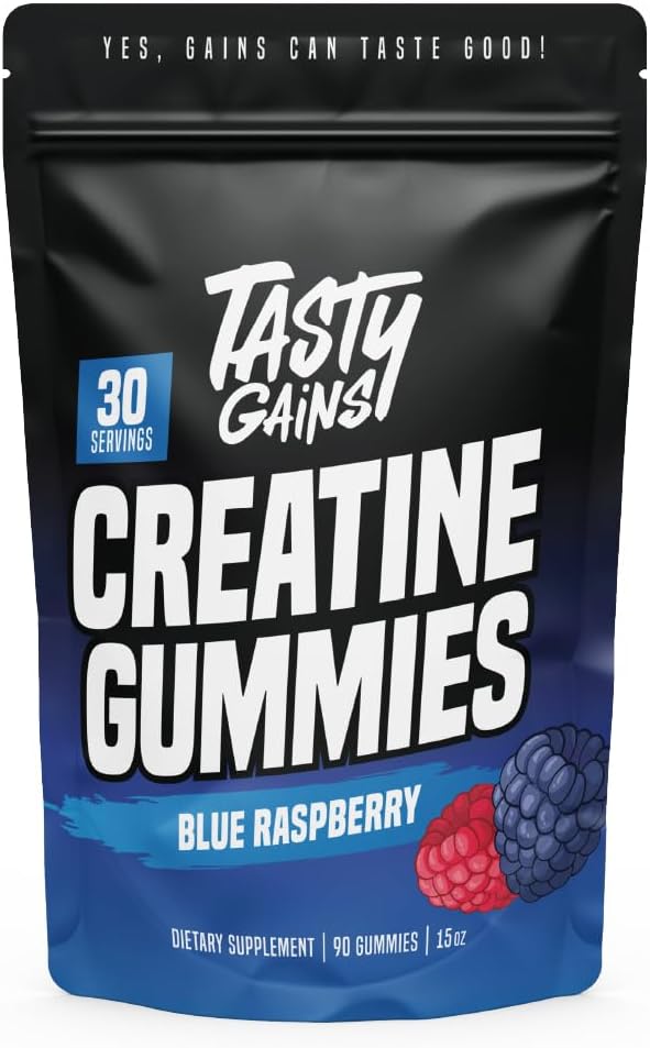 TASTY GAINS Creatine Gummies - 90g of Creatine Monohydrate - Workout Supplements - Build Muscle &amp Boost Strength for Men &amp Women - Made in USA - Non GMO - Vegan Friendly (Large Blue Raspberry