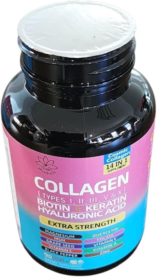 Collagen Peptides Types I II III V &amp X 64000 MCG 14 in 1 Biotin Keratin Hyaluronic Acid Magnesium MSM Grape Seed Vitamin A C &amp E Black Pepper Quercetin Folate Zinc (90 Veggie C