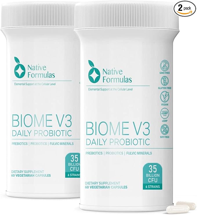 Native Formulas Biome V3 Probiotic Prebiotic &amp Fulvic Minerals Supplements - 35 Billion CFU - 6 Strains - 120 Vegan Capsules - Women &amp Men - FODMAP Friendly Supports Digestive Immune &amp