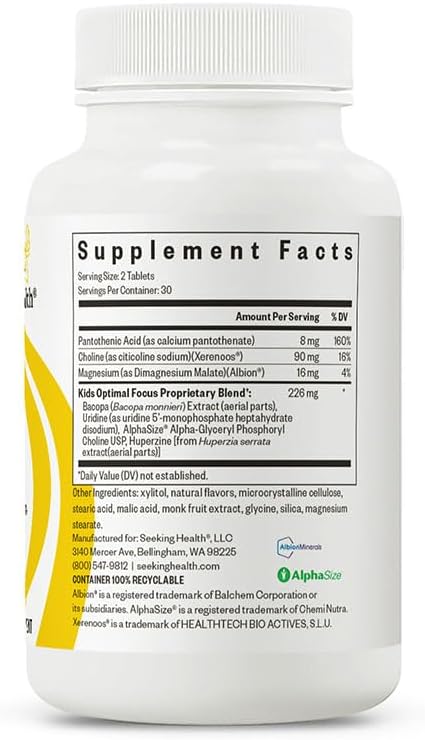 Seeking Health Kids Optimal Focus - Calming Supplement for Children - Supports Focus Healthy Mindset &amp Sleep† - 60 Chewable Tablets (30 Servings)