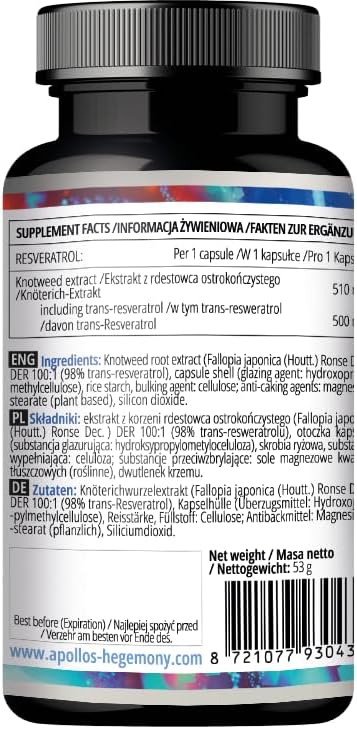 APOLLO'S HEGEMONY Resveratrol Max - 500 mg per Capsule - 60 Vegan Capsules - High Purity 98% Extract - Supports Circulatory Health - Natural Antioxidant - Dietary Supplement