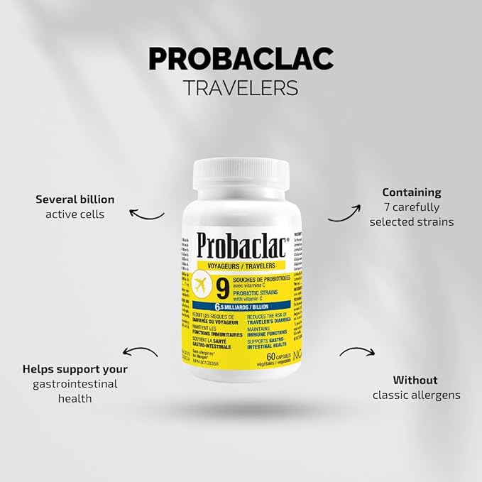 Probaclac Natural Travelers Probiotics Reducing Risk of Diarrhea Contains Vitamin C Immune Support Gluten Free Travel Size Vacation Cruise and Airplane Travel Essentials Vegan 60 Capsules