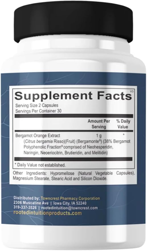 Rooted Citrus Bergamot Supplement - Extract Capsules for Cholesterol TC Cardiovascular LDL HDL TRI &amp Heart Health Support - Polyphenol Citrus Bergamonte for Circulation &amp CoQ10 Energy - 1000m