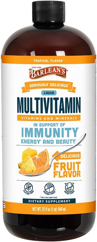 Barlean's Liquid Multivitamin for Women Men &amp Kids 21 Essential Vitamins &amp Minerals Includes Biotin B-Complex Vitamins C D3 &amp K2 Smoothie-Like Daily Supplement Tropical Flavor 32
