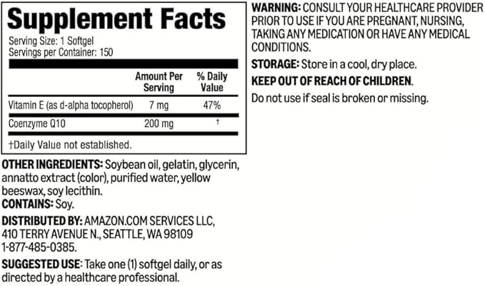 Amazon Basics Rapid Release CoQ10 Softgels 200mg 150 Count