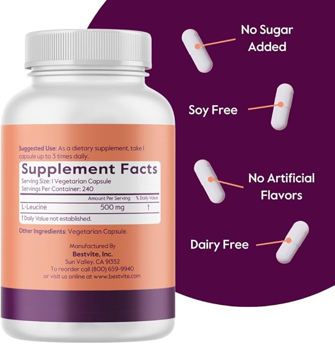 BESTVITE Filler-Free L-Leucine 500mg per Capsule (480 Vegetarian Capsules) (240x2) – No Stearates No Fillers – Vegan Non-GMO Gluten-Free Leucine Supplement – Essential Amino Acid Supplement