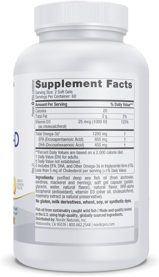 Nordic Naturals ProOmega-D Lemon Flavor - 120 Soft Gels - 1280 mg Omega-3 + 1000 IU D3 - High-Potency Fish Oil - EPA &amp DHA - Brain Eye Heart &amp Immune Health - Non-GMO - 60 Servings