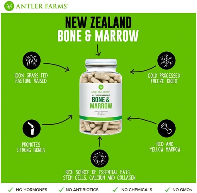 Antler Farms - 100% Pure New Zealand Bone &amp Marrow 180 Capsules 750mg - Grass Fed Pasture Raised Whole Bone Extract Cold Processed Healthy Essential Fats Stem Cells Collagen Calcium