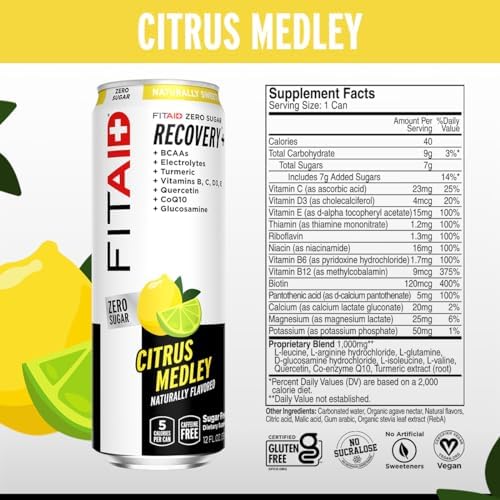 FITAID Recovery Post-Workout Drink Variety Pack Mix of Creatine Caffeine Free and Zero Sugar Nautrally Sweetened 100% Clean Vegan Keto-Friendly 4 Flavors (Pack of 24) - Packaging May Vary