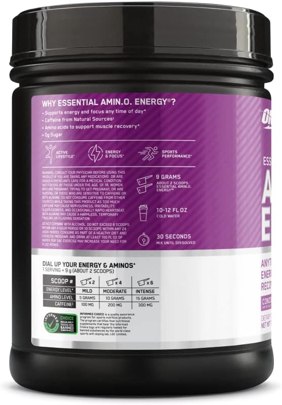 Optimum Nutrition Amino Energy - Pre Workout with Green Tea BCAA Amino Acids Keto Friendly Green Coffee Extract Energy Powder - Concord Grape 65 Servings (Packaging May Vary) (Pack of 6)