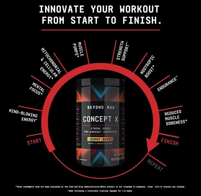 BEYOND RAW Concept X Clinically Dosed Pre-Workout Powder Contains Caffeine L-Citrulline Creatine and Beta-Alanine Orange Mango 20 Servings