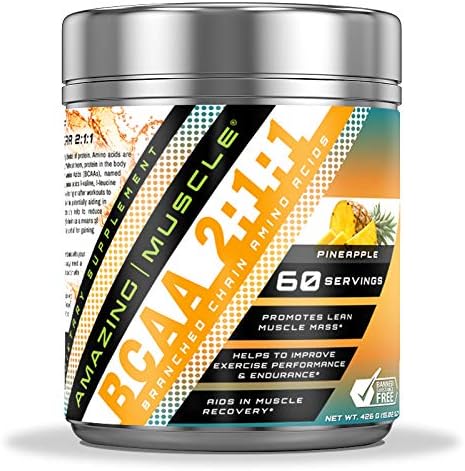 Amazing Muscle BCAA 2:1:1 Branched Chain Amino Acids Supplement | 6000 Mg Per Serving | Pineapple Flavor | 60 Servings