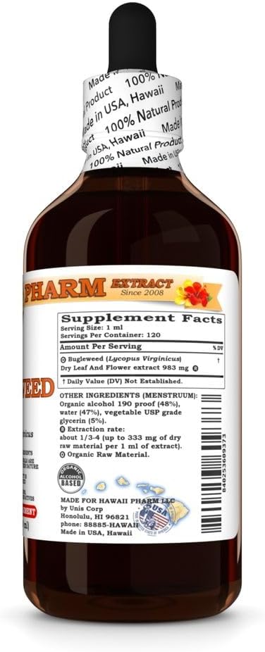 Hawaii Pharm Bugleweed Extract Tincture for Thyroid Balance Eases Premenstrual Discomfort Soothes Breast Tenderness Supports Women's Wellness - 4 fl.oz