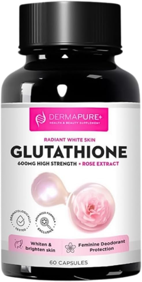 Dermapure Glutathione Whitening Pills 2-in-1 600mg with Rose Oil Extract – Skin Lightening &amp Deodorant Supplement - Dark Spots Acne Scars &amp Hyperpigmentation – Made in USA 60 Capsules (1 Pa