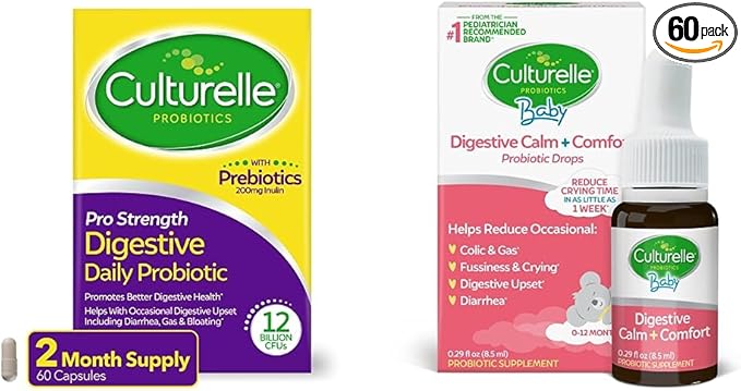Culturelle Pro Strength Daily Probiotic Capsules Probiotics for Men &amp Women 60 Count 2 Months + Baby Digestive Calm &amp Comfort Probiotic (Age 0-12 Mos) Helps Periodic Colic Gas Fussiness 8