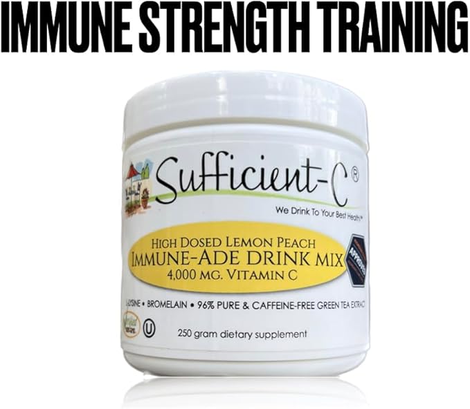Sufficient-C High-Dosed 4000 mg. Vitamin C Lemon Peach Immune-Ade Drink Mix 250 gram Size - Refreshing with Generously Dosed L-lysine Bromelain &amp 96% Pure Caffeine-Free Green Tea Extract