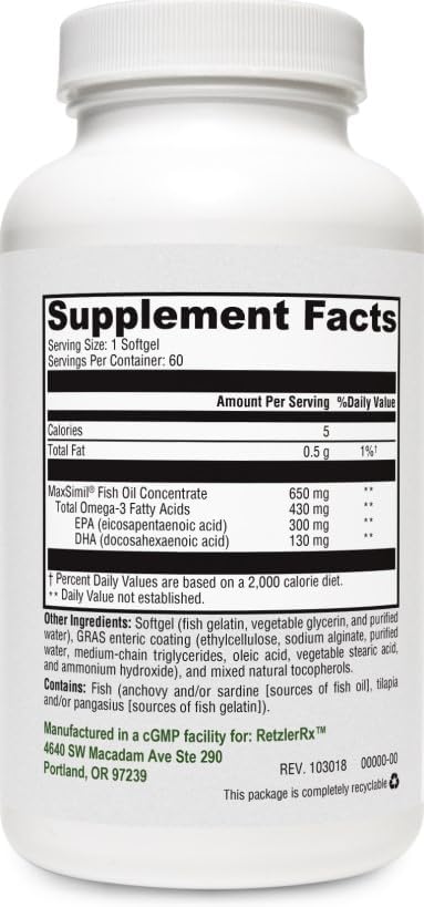 RetzlerRx Pure Omega 650 EC MaxSimil® monoglyceride Fish Oil Softgels 60 Count Dietary Supplement