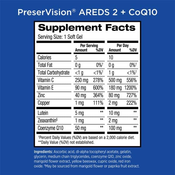 PreserVision Eye Vitamin &amp Mineral Supplement AREDS 2 Formula + CoQ10 2-in-1 Health Benefits 100 Softgels (2 per Day) Pack of 2