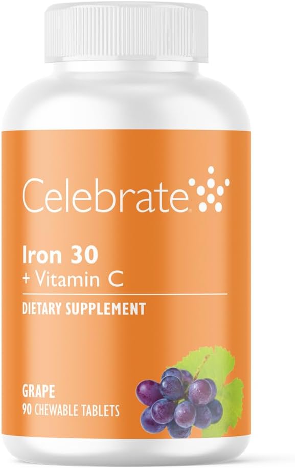 Celebrate Vitamins Iron Supplement with Vitamin C - 30mg Iron 60mg Vitamin C Bariatric Vitamins for WLS Patients Vertical Sleeve &amp Gastric Bypass Surgery – Grape 90 Chewable Tablets