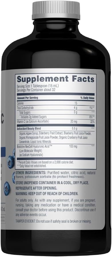 NeoCell Liquid Hyaluronic Acid | 16 fl oz | with Vitamin C | Skin Hydration | Antioxidant Supplement | Blueberry Flavor