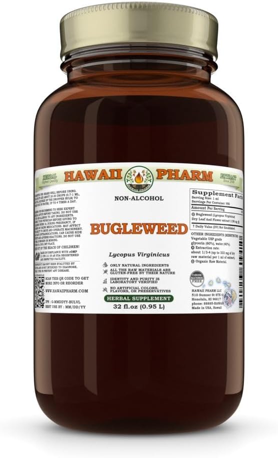 Hawaii Pharm Bugleweed Alcohol-Free Extract Glycerite for Thyroid Balance Eases Premenstrual Discomfort Soothes Breast Tenderness Supports Women's Wellness - 32 fl.oz