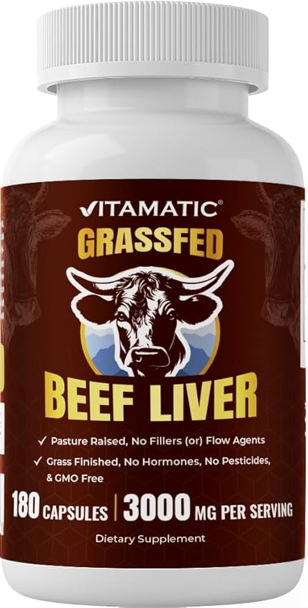 Vitamatic Grass-Fed Beef Liver 180 Capsules – Freeze-Dried Non-GMO Bovine Liver Supplement – Pasture-Raised Glandular-Based Formula