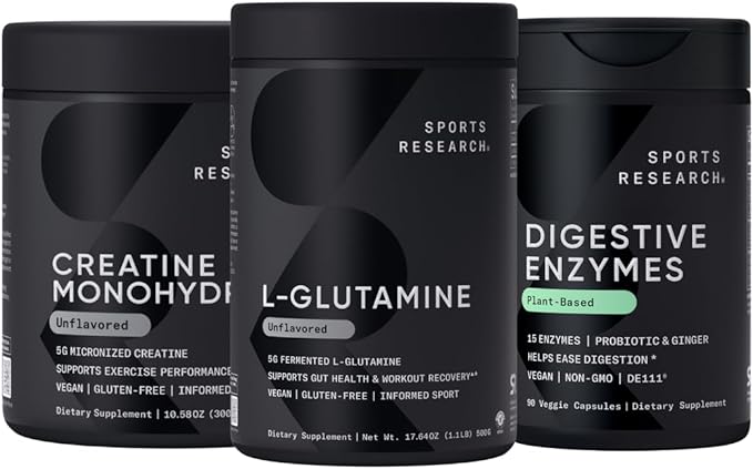 Sports Research Workout Recovery Pack - L-Glutamine (100 Servings) Creatine Monohydrate (60 Servings) and Digestive Enzymes with Probiotics &amp Ginger (90 Capsules) - Non-GMO Vegan &amp Gluten Fr