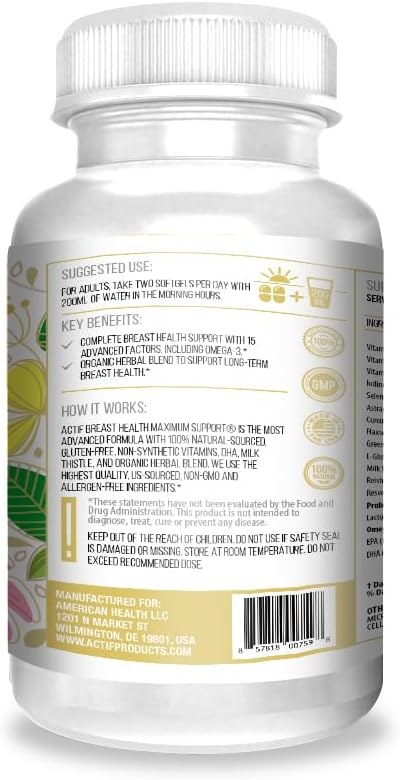 ACTIF Breast Health Maximum Support with 15 Advanced Factors and Omega-3 - Non GMO Made in USA 90 Count