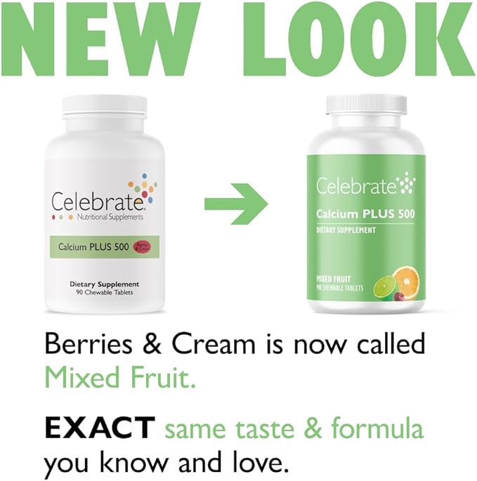 Celebrate Vitamins Calcium Plus - 500mg Calcium Citrate 333 IU Vitamin D3 &amp 34mg Magnesium for Post Bariatric Surgery - Gluten-Free &amp Sugar-Free - Mixed Fruit 90 Chewable Tablets