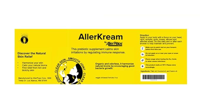 AllerKream Skin Prebiotic Ointment to Support Skin and Joint Health by Promoting Skin probiotics and modulating Immune Response odorless Veggie Oil-Based Formula 8 oz