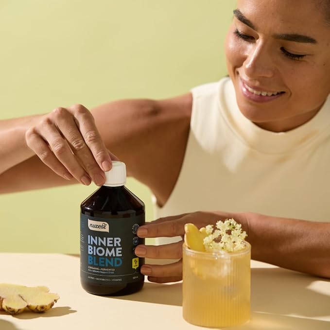 Nuzest - Inner Biome Blend – Prebiotic Probiotic &amp Postbiotic Liquid Drink Mix – Microbiome Support – 8 Microbiotic Cultures 19 Fermented Herbs - Vegan - Organic - Ginger Flavour - 16.9 fl.oz/ 5