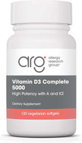 Allergy Research Group Vitamin D3 Complete 5000 - Delivers 125 mcg Vitamin D3 - with Vitamin A &amp K2 - Supports Bone Strength Immune Balance &amp Healthy Mindset - 120 Servings - 120 Capsules